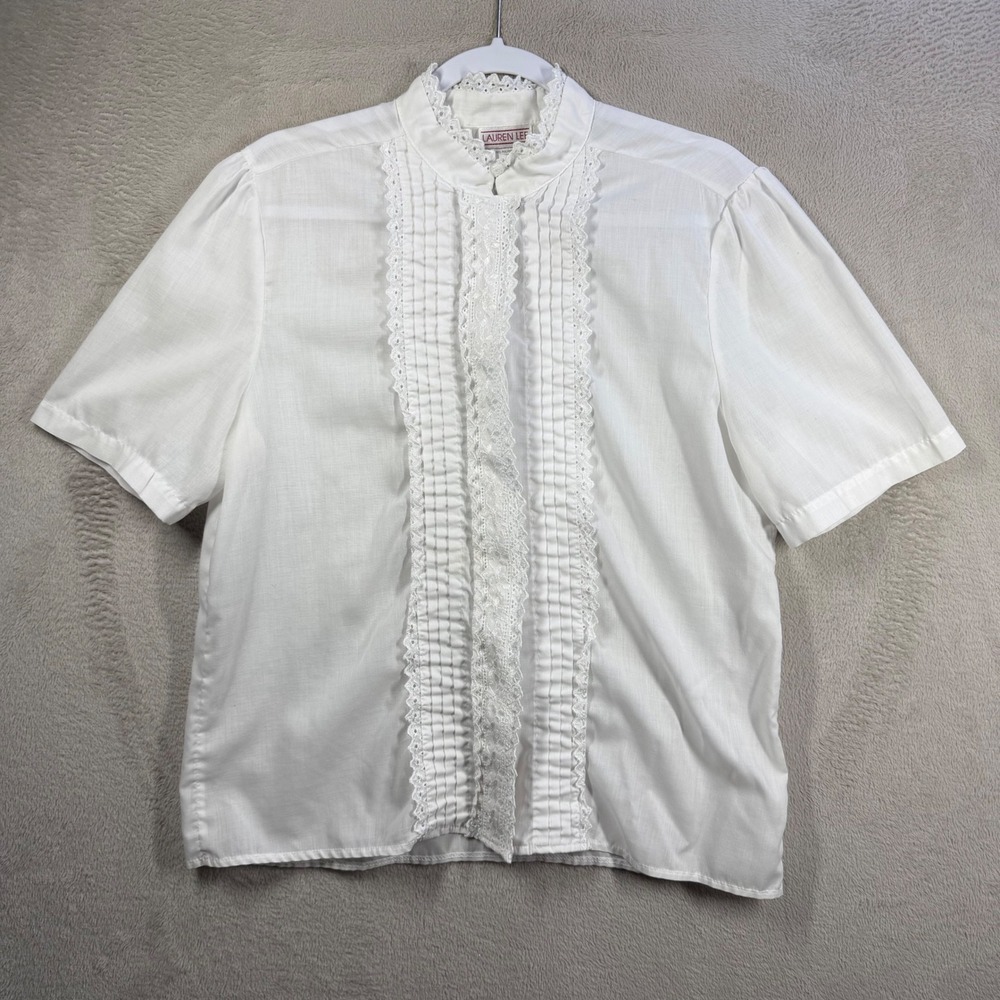 Lauren Lee Blouse Womens 14 White Lace Trim Pintuck High Neck Victorian Vintage